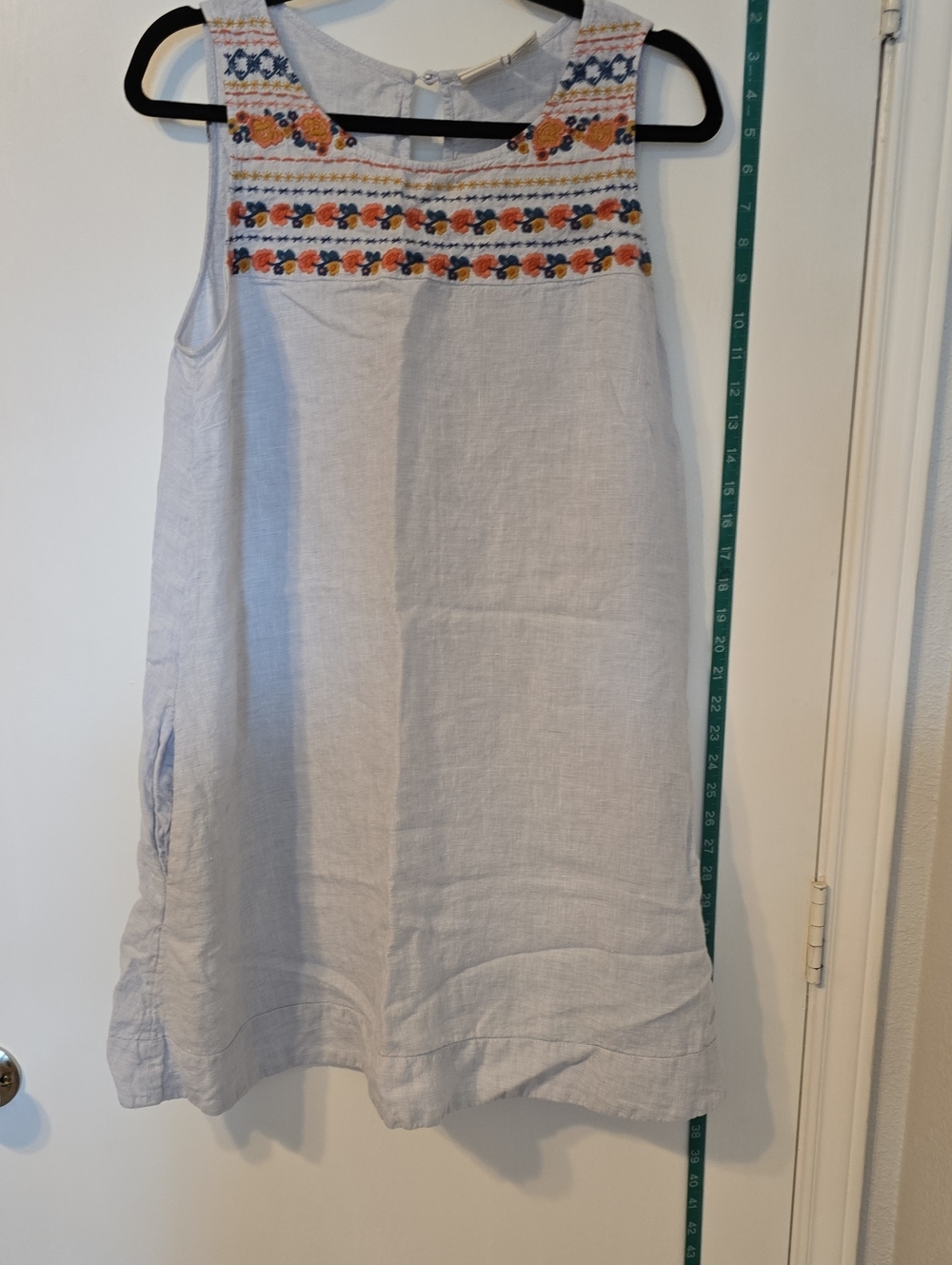 C&C California Light Blue Linen Mini Skirt with Orange & Navy Embroidery
